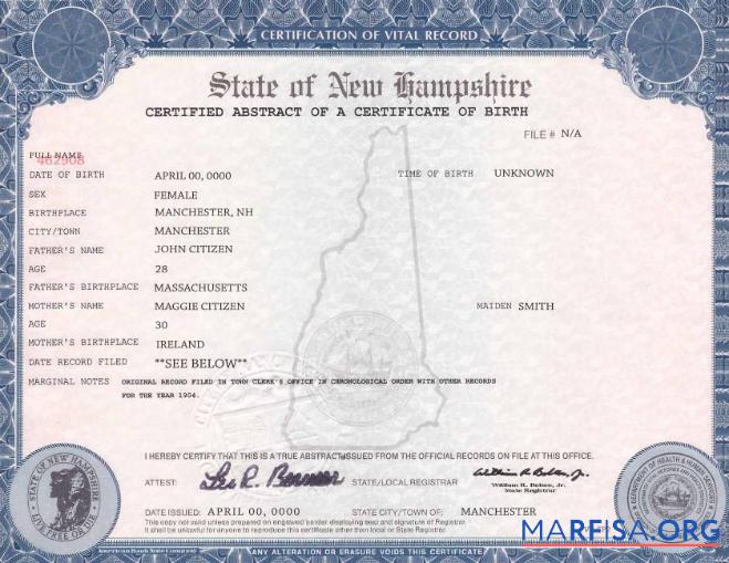 Printable USA New Hampshire birth cert real example